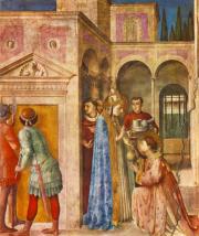 Fra Angelico: Szent Lőrinc fogadja az egyház kincseit